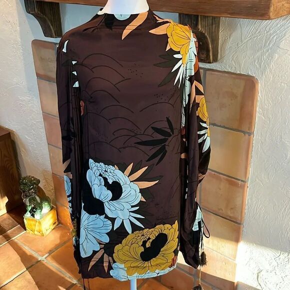 Free People Brown Floral Boho Balloon Sleeve Mini, size S - Picture 1 of 11